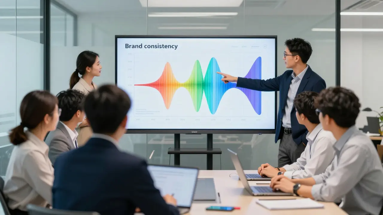 Team discussing brand consistency metrics on large display screen