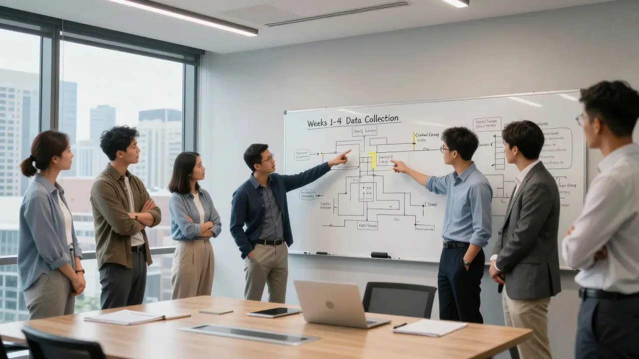 Team discussing experimental design and data collection on a whiteboard