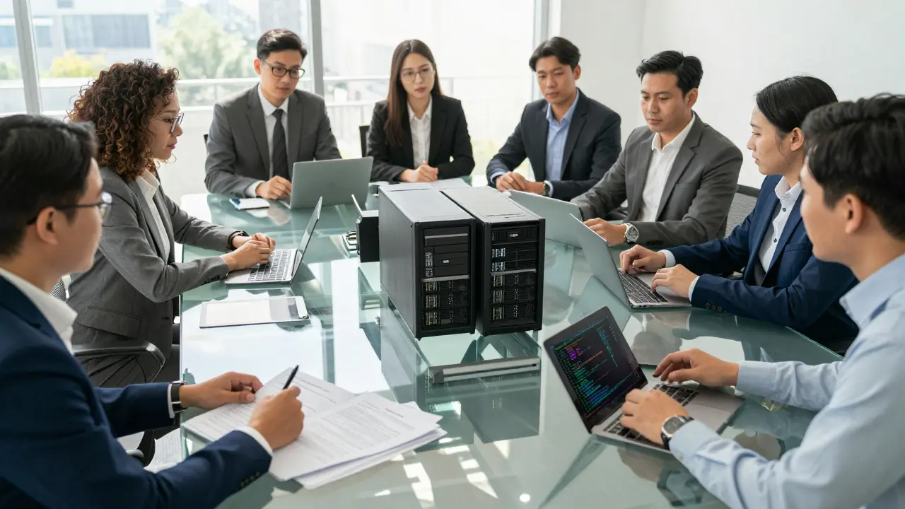 Team of experts collaborating on AI compliance in modern office
