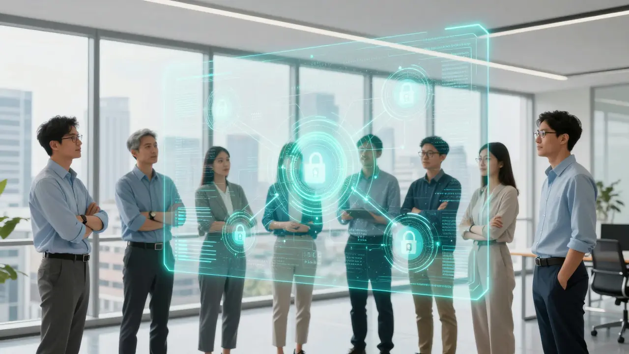Team viewing holographic interface of standardized AI network