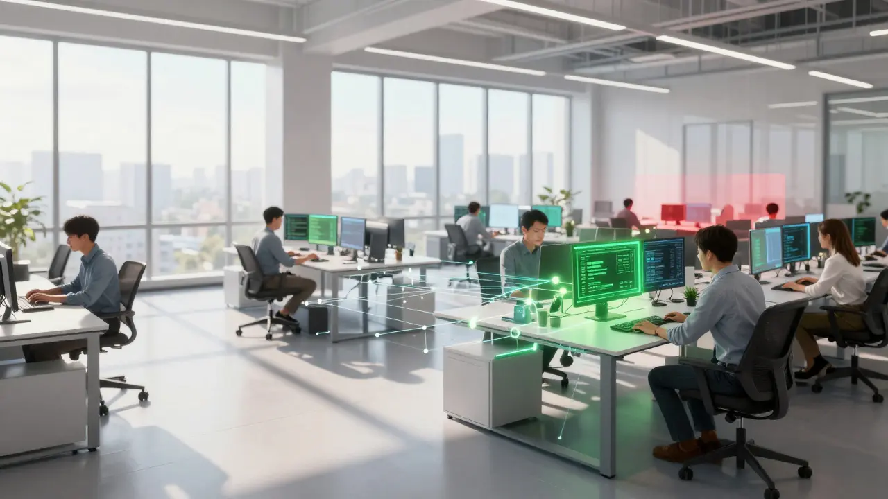 Tech office with digital overlays showing data efficiency
