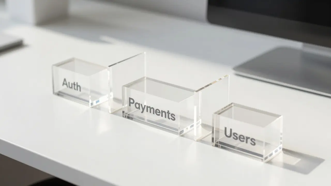 Transparent modular blocks separated by barriers, representing service boundaries