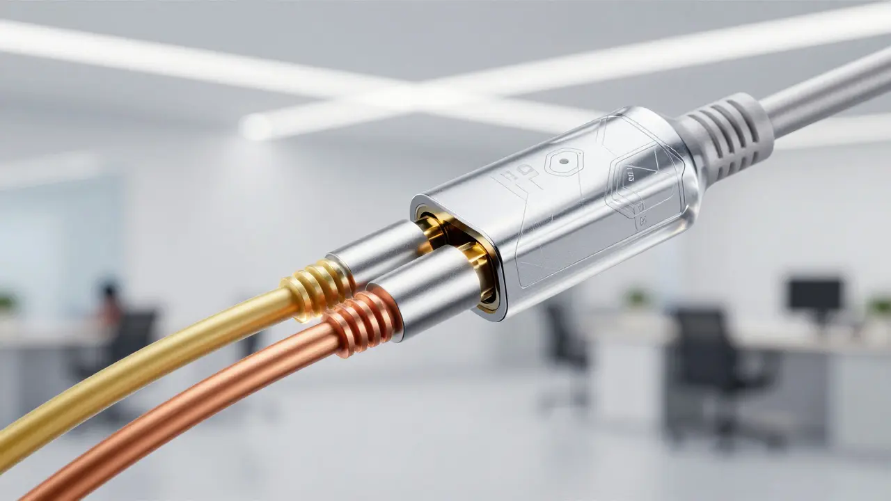 Universal connector seamlessly joining three glowing data streams