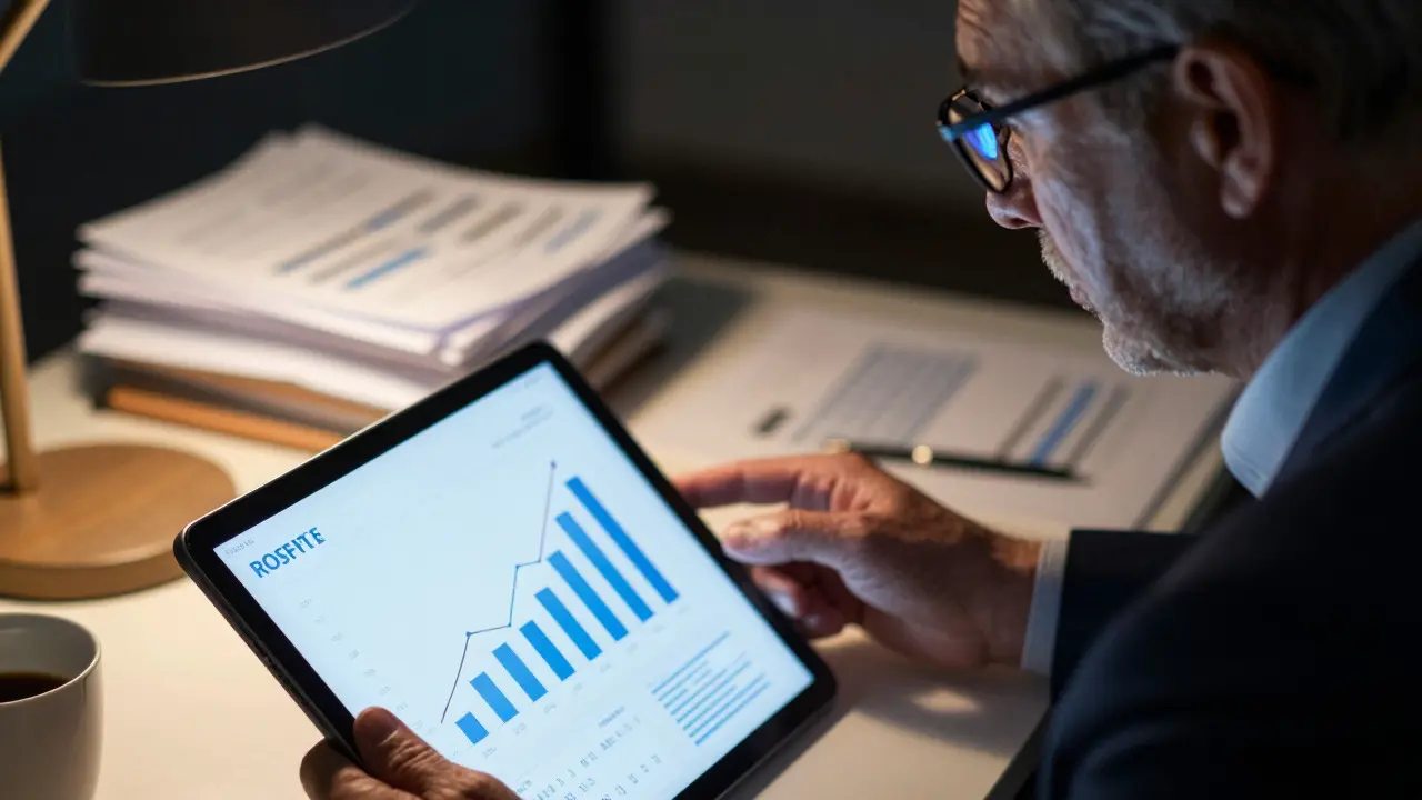 A CFO reviewing financial performance metrics on a tablet in a dimly lit office
