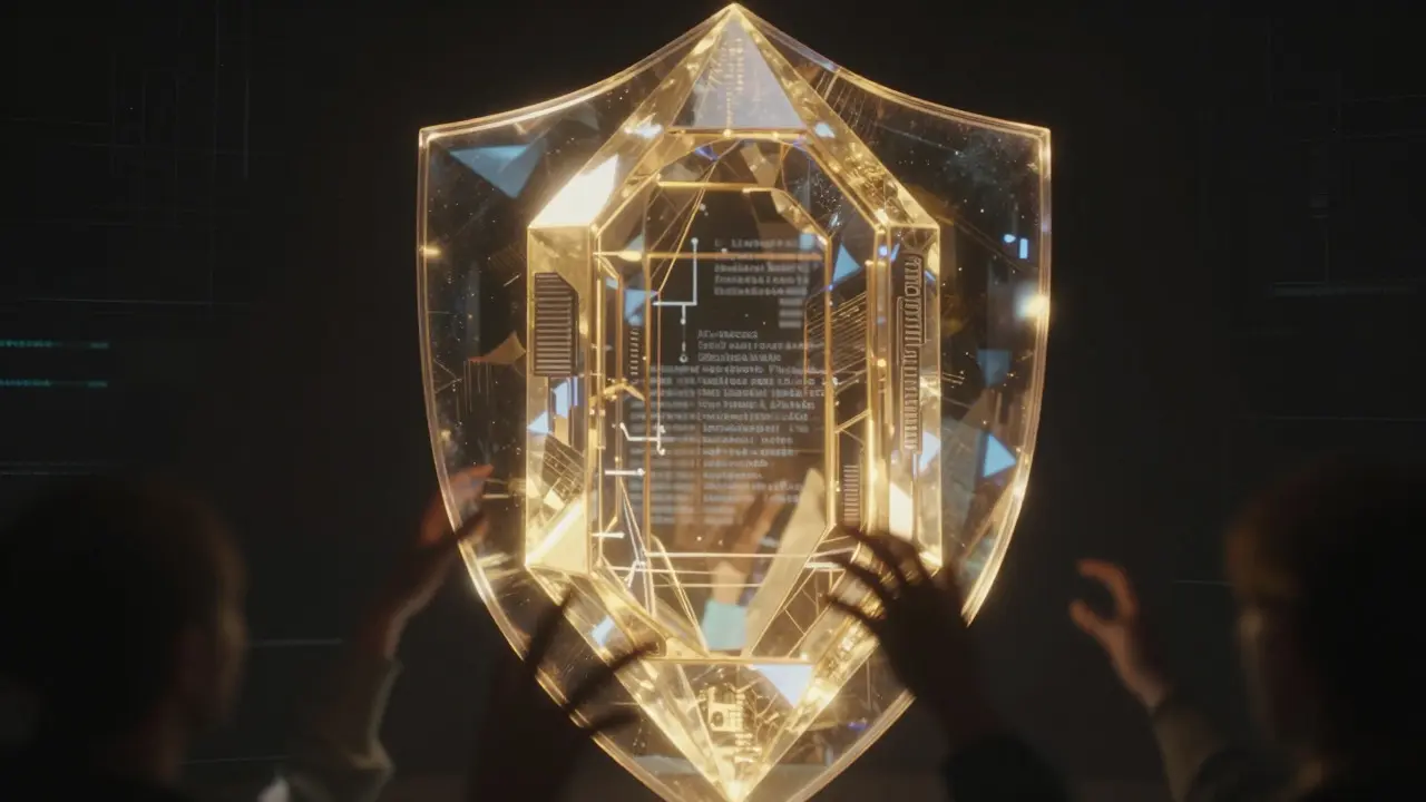 A glowing golden shield encases a central AI core, blocking external access in a dark void.