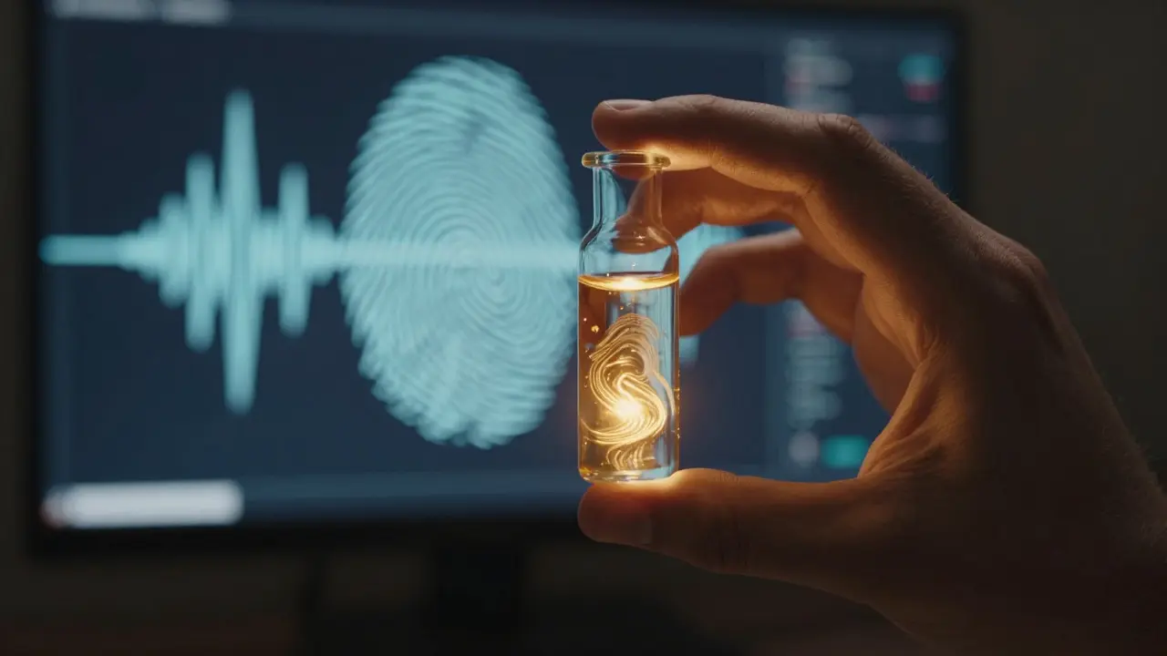 A hand holding a glowing vial representing voice cloning technology