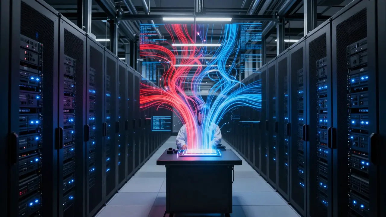 A scientist observing holographic data streams in a dark server room aisle