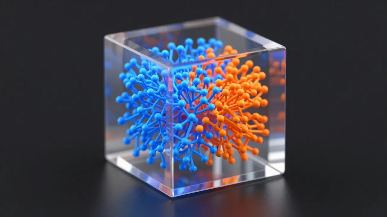 Abstract glass cubes representing data compression from blue to orange