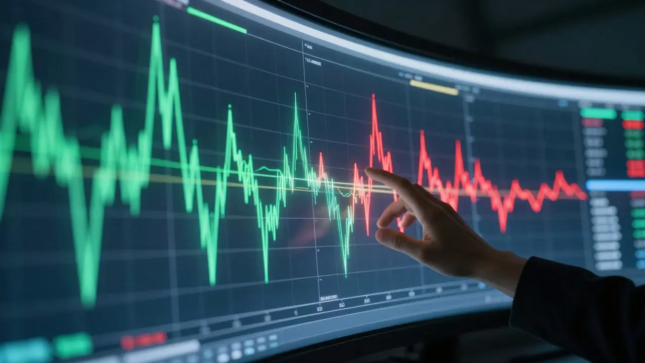 Abstract light ribbons on a glass screen showing data spikes