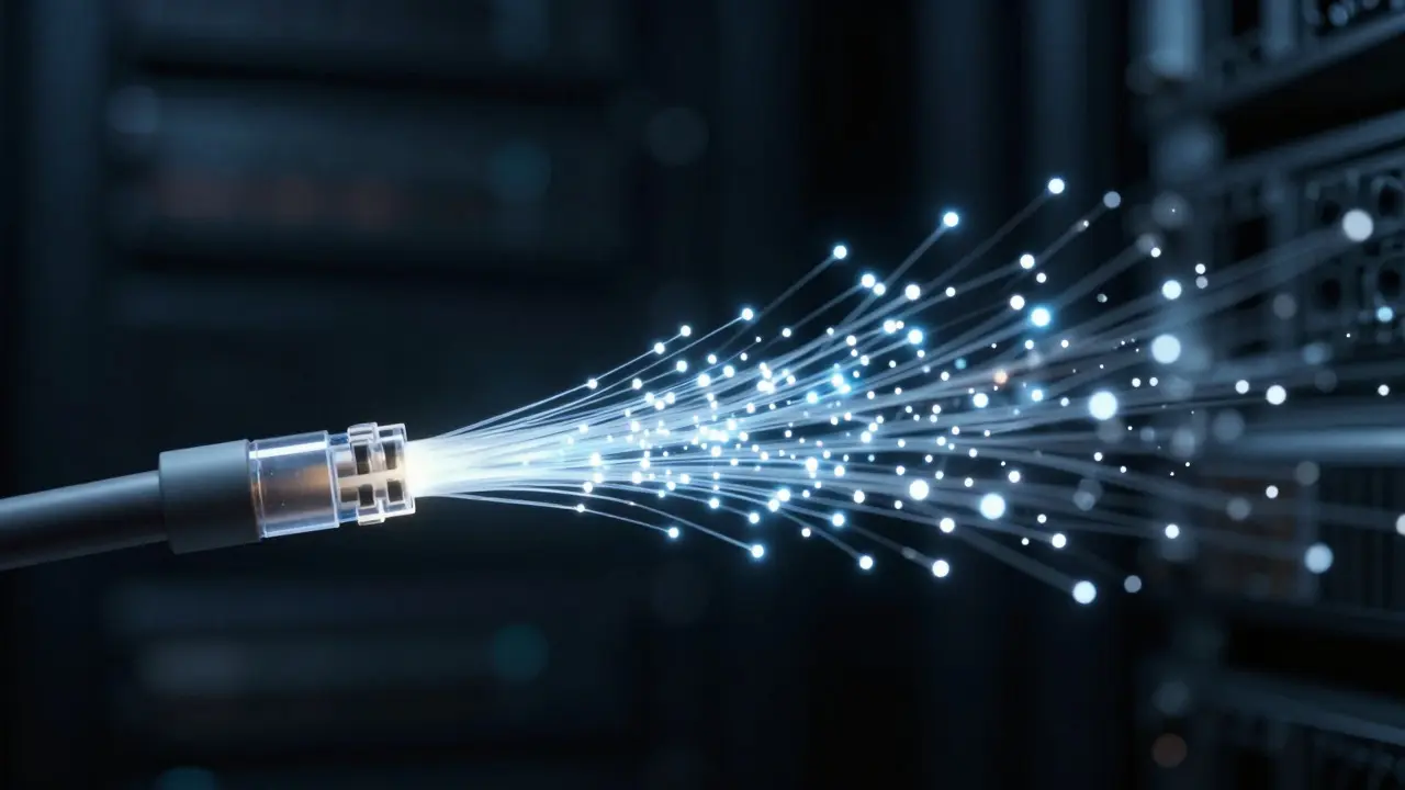 Abstract macro shot of light pulses flowing through a fiber optic cable representing data streaming