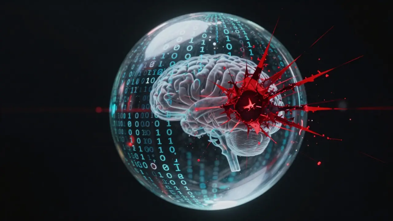 Abstract visualization of data poisoning attacking a transparent AI model sphere.
