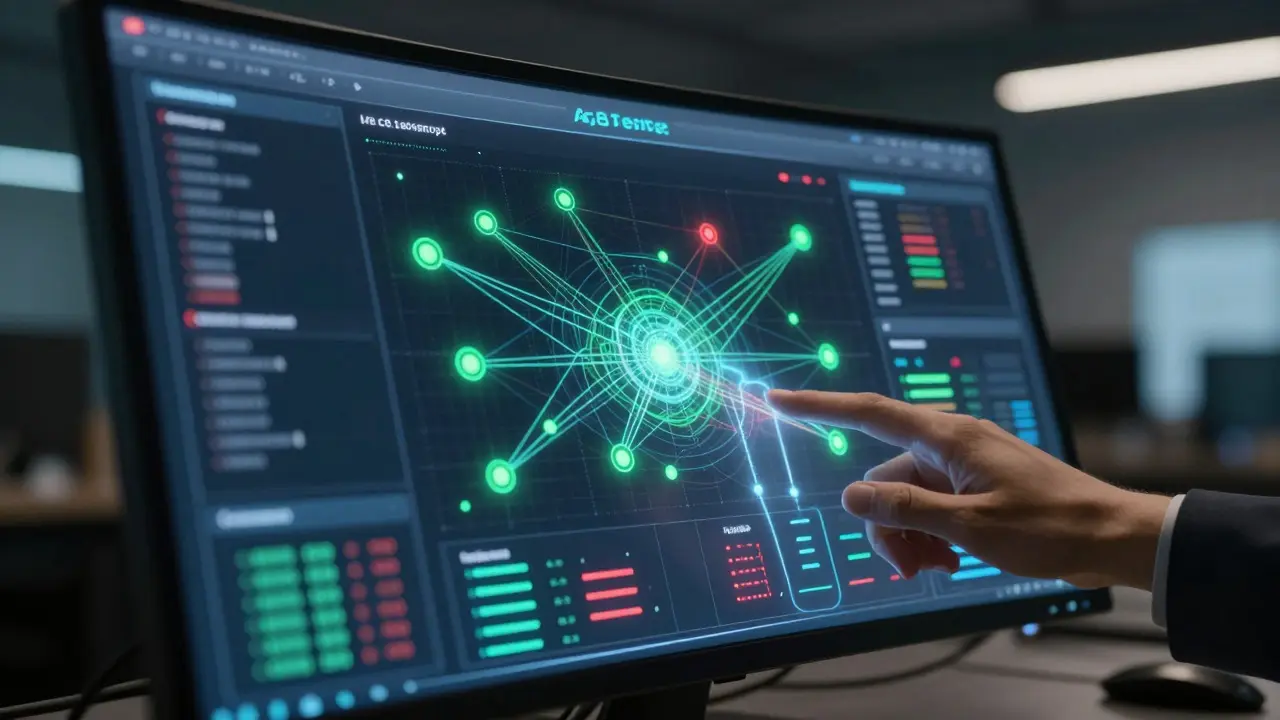 AI dashboard displaying real-time A/B testing metrics and model performance nodes.