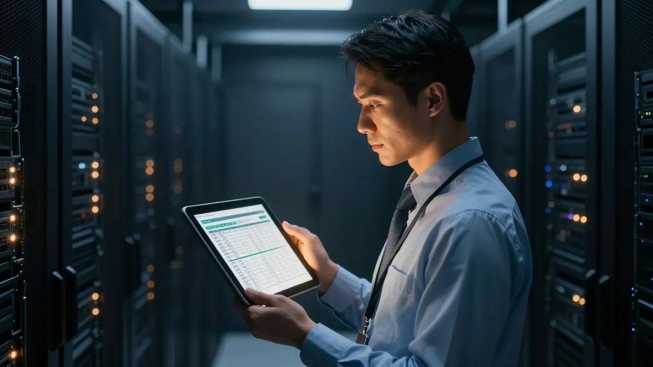 Auditor reviewing digital compliance logs in a server room