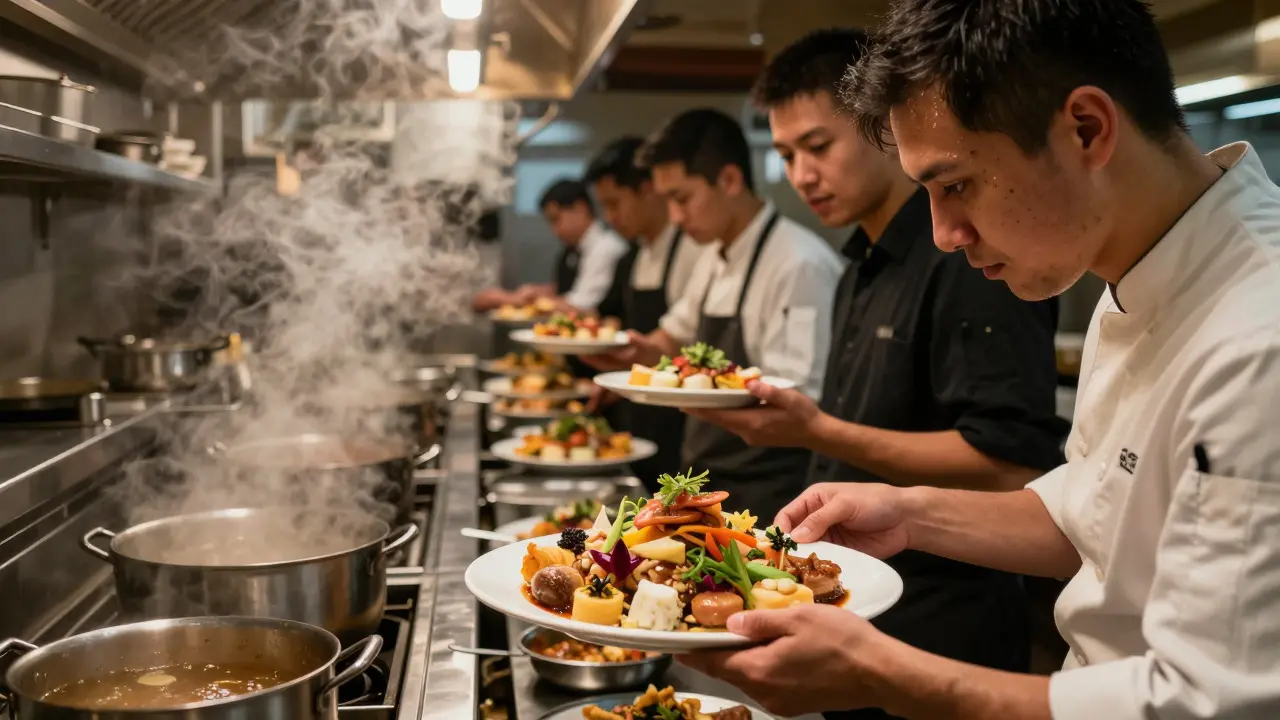 Busy kitchen chef blocked by a large order while others wait
