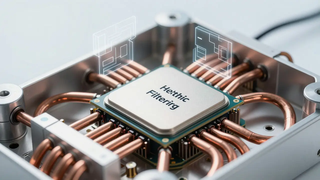 Close-up of a CPU cluster with geometric overlays representing fast heuristic filtering