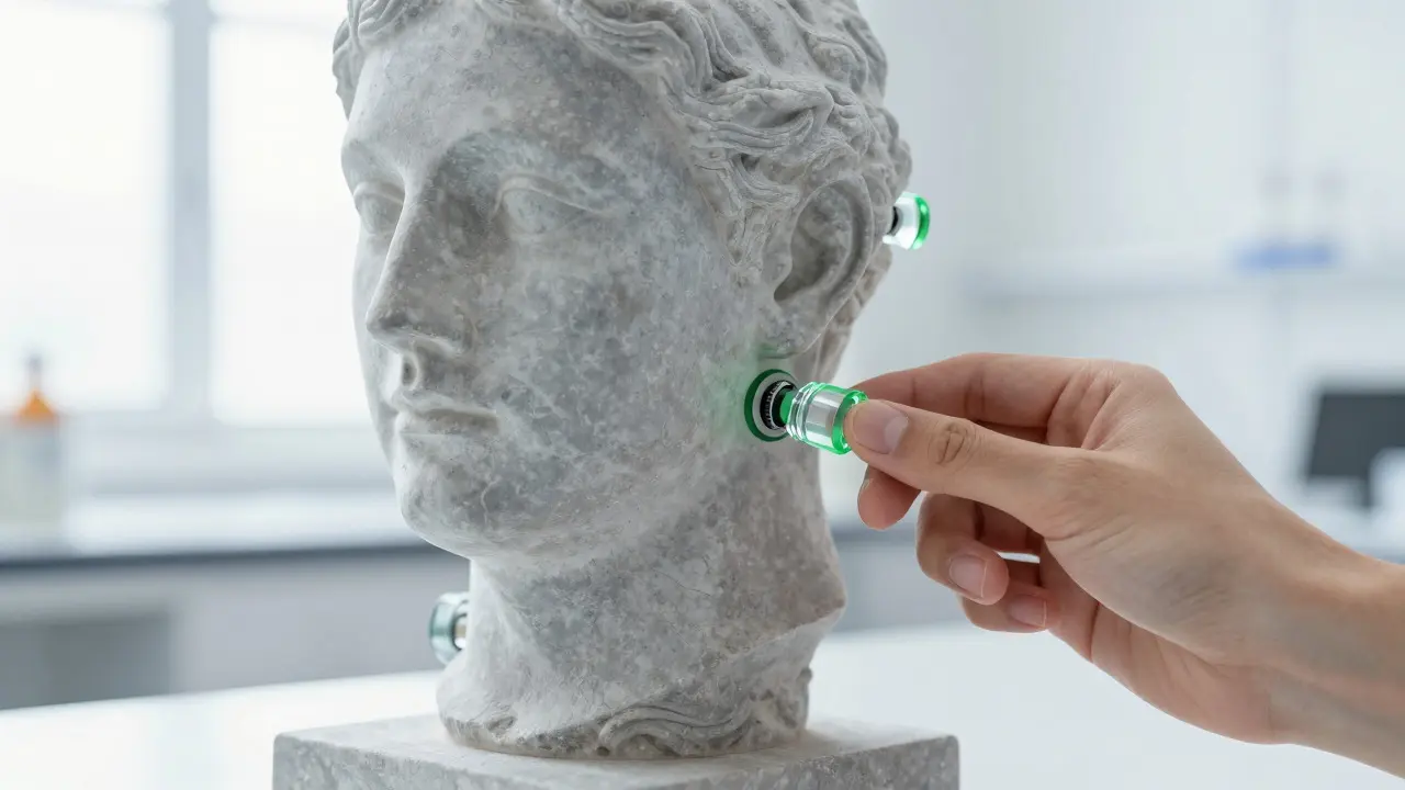 Close-up of a hand turning a small glass knob attached to a stone statue head