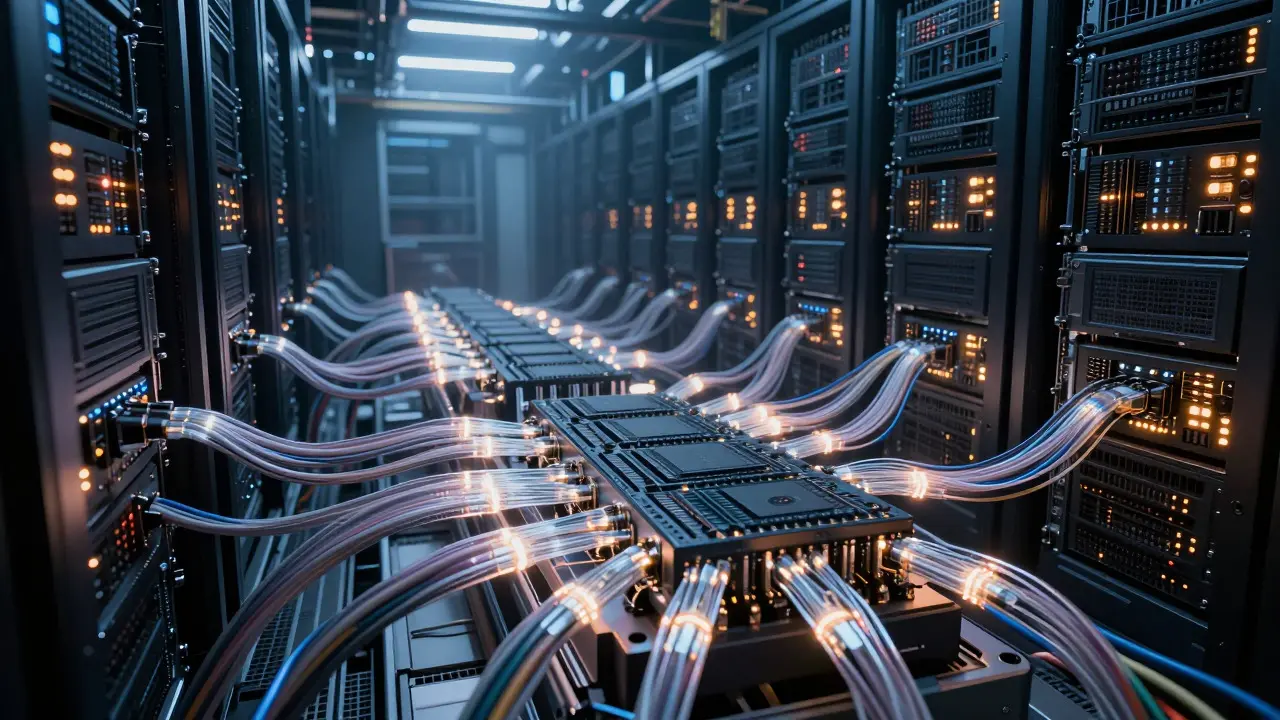 Close-up of fiber-optic cables connecting massive AI accelerator clusters