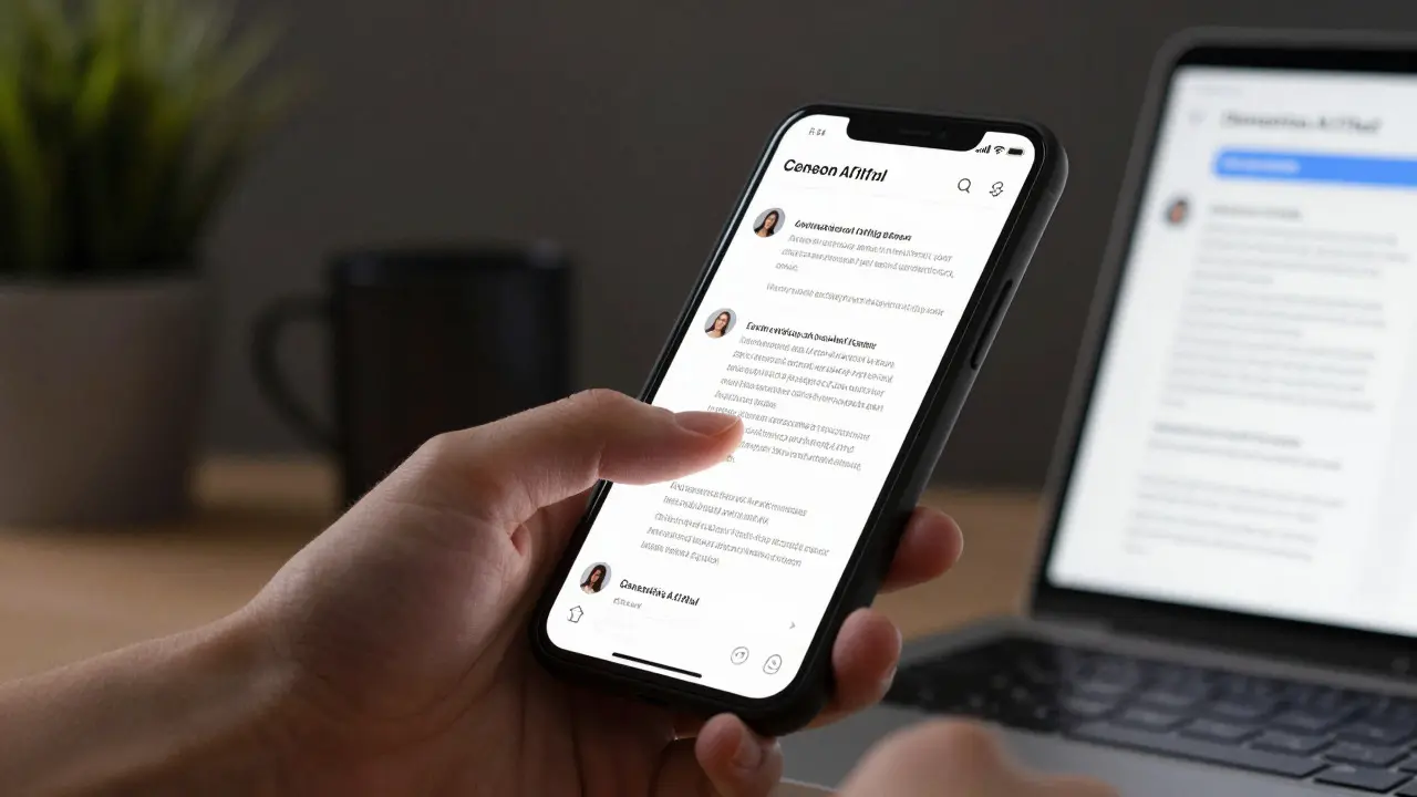 Close-up of hand using smartphone with high-contrast AI chat interface