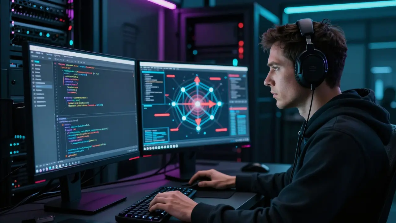 Cybersecurity expert using Garak tool to scan AI models for privacy vulnerabilities in a server room.