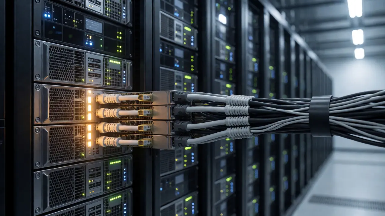 Data center aisle with servers connected by high-bandwidth NVLink bridges