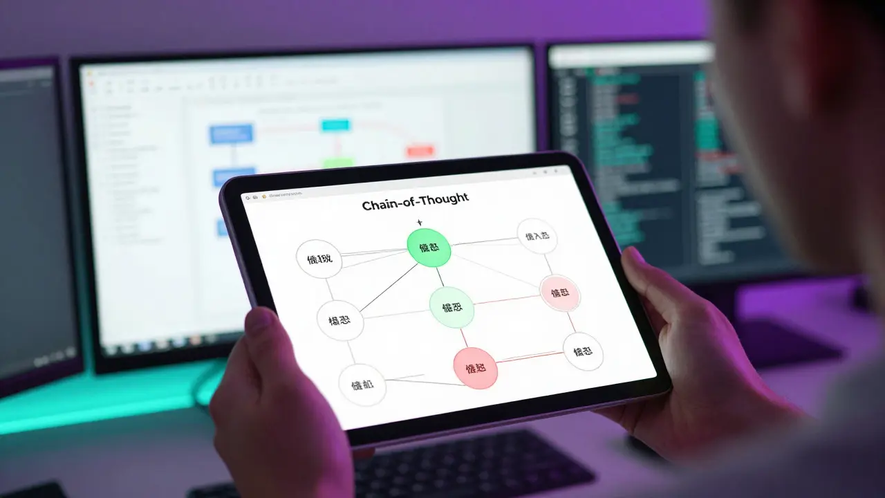 Developer analyzing neural network flowchart on screens