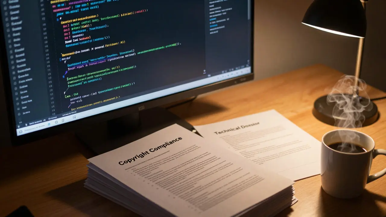 Developer desk with AI model card documents and code on screen