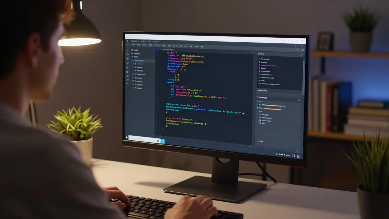 Developer reviewing AI-assisted code on a monitor in a focused workspace