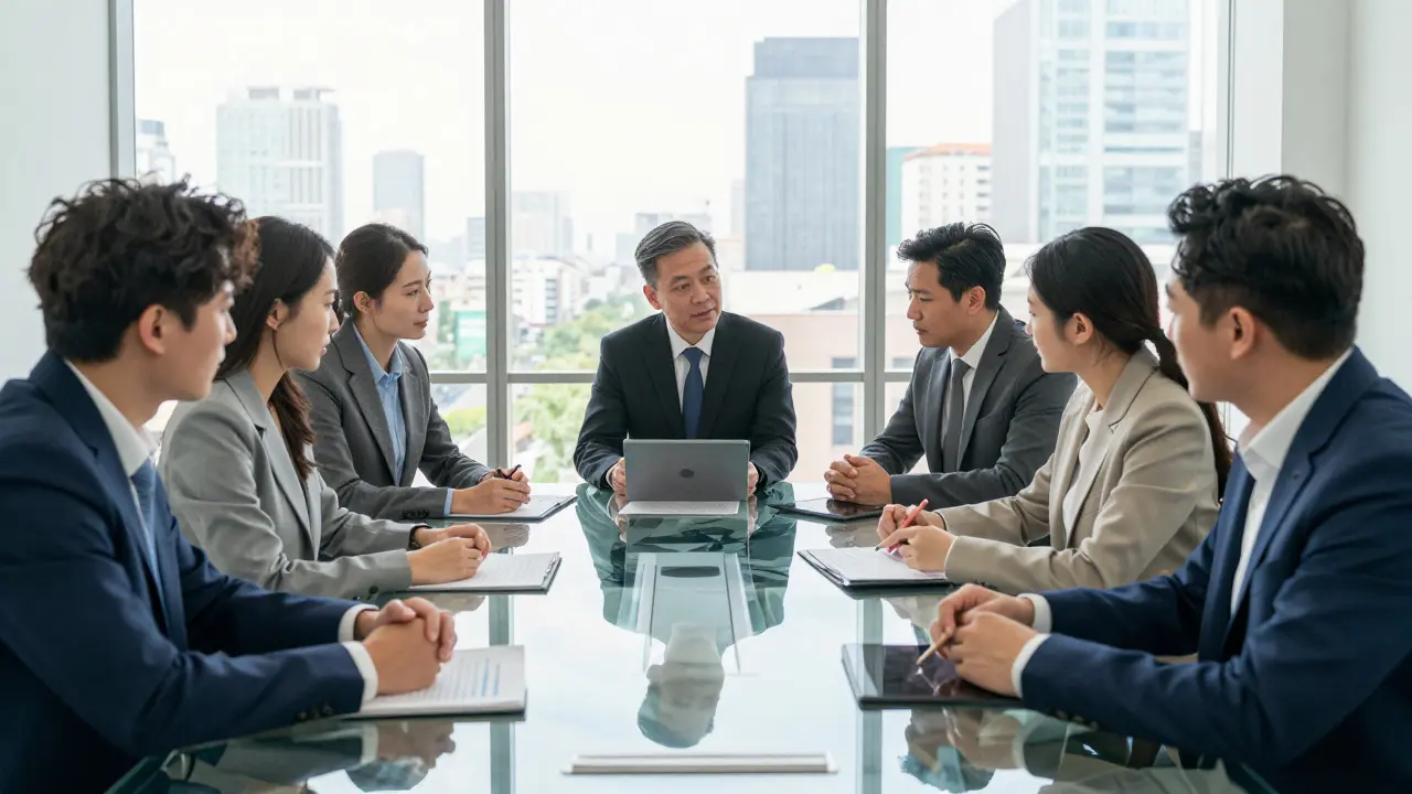Diverse team discussing AI ethics in bright boardroom