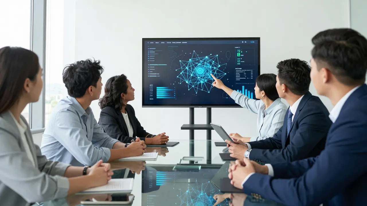 Diverse team discussing AI governance data visualizations in a modern boardroom