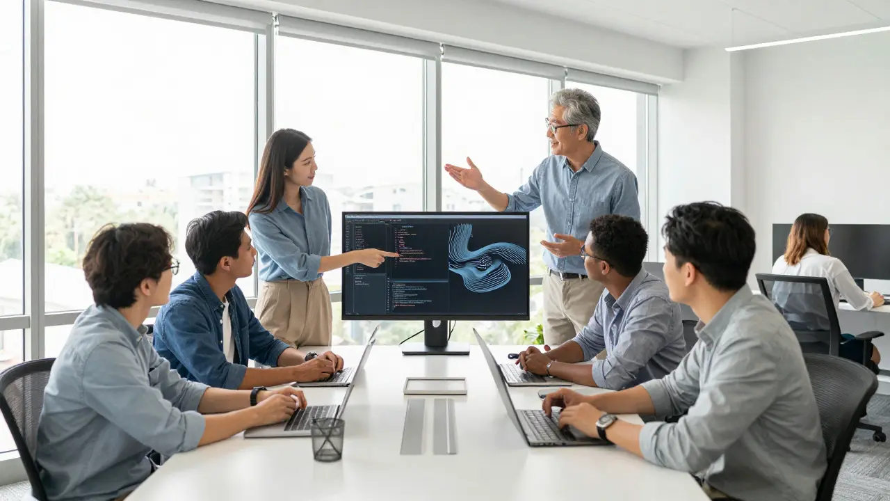 Diverse tech team discussing in a sunlit office, illustrating collaborative trust