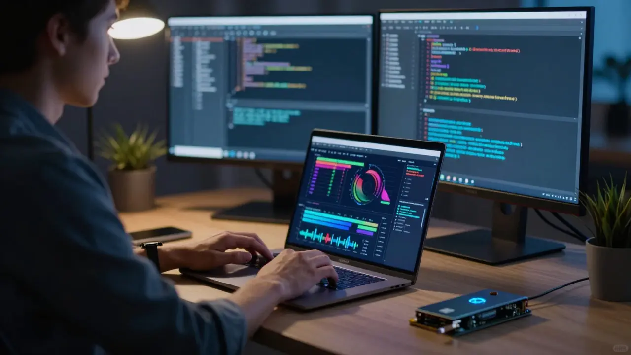 Engineer working on a laptop with AI hardware in a home office