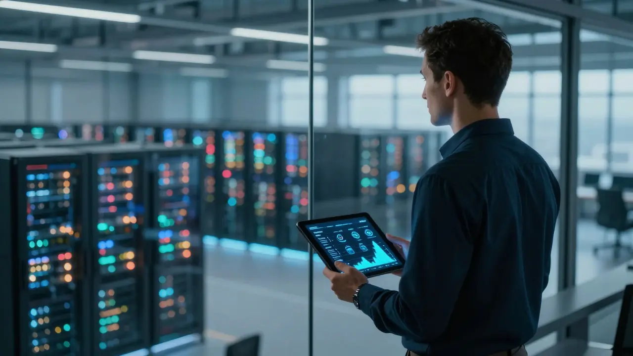 Executive reviewing AI infrastructure costs overlooking a lit data center