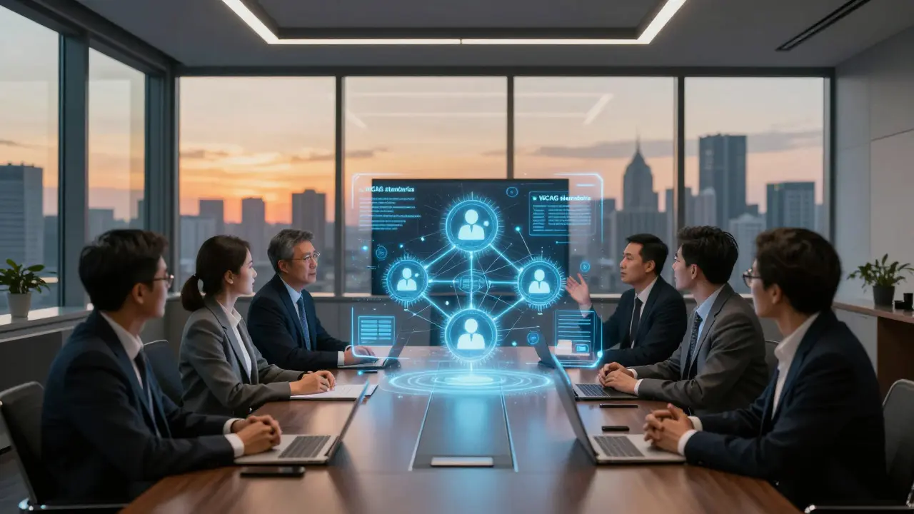 Executives discussing accessibility benefits with holographic data visualization