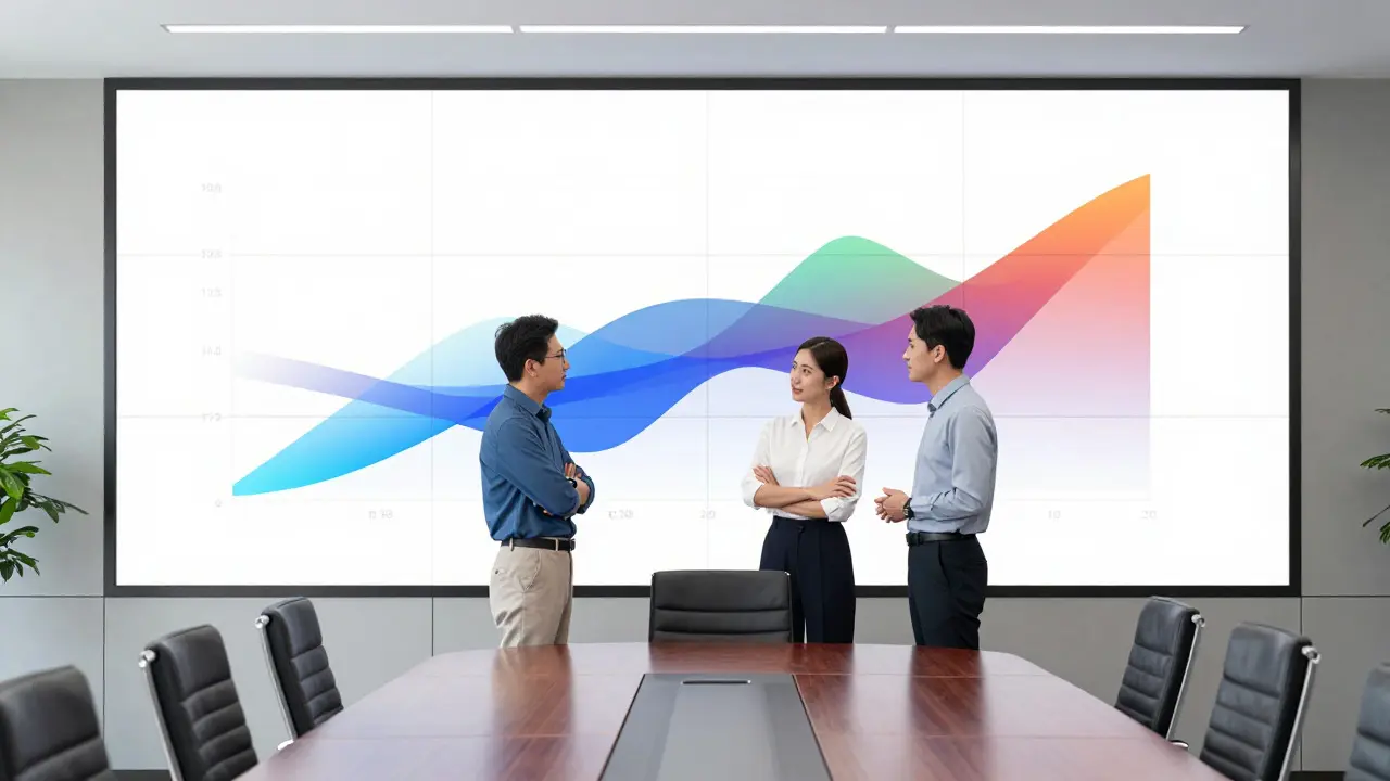 Executives discussing strategy in front of a large abstract data display