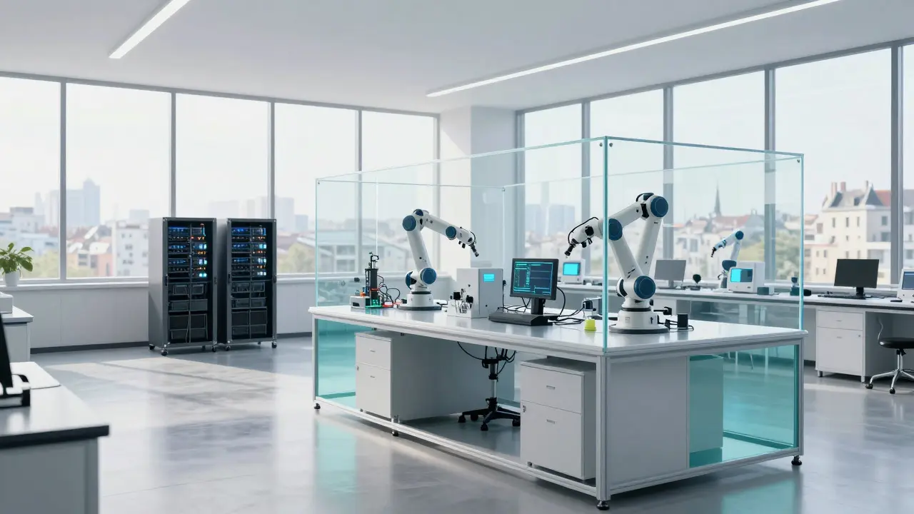 Futuristic AI regulatory sandbox lab with servers and testing zones