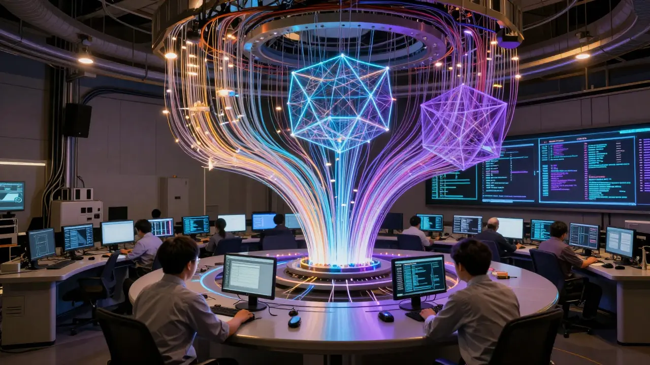 Futuristic control room with engineers monitoring automated AI traffic routing systems.