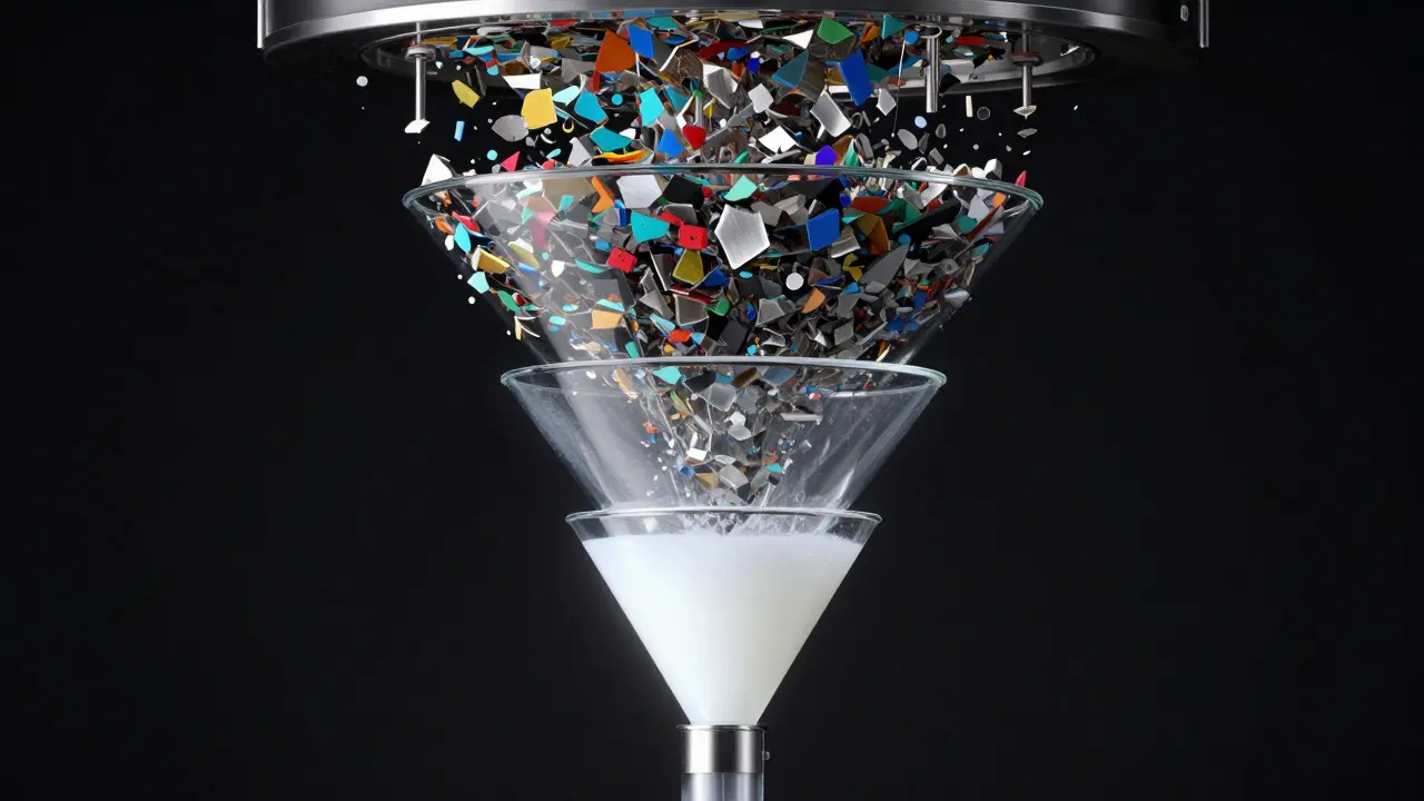 Glass funnel refining chaotic shards into pure light, illustrating cascaded data quality