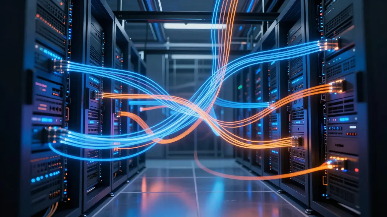 Glowing fiber optics showing complex data flow paths