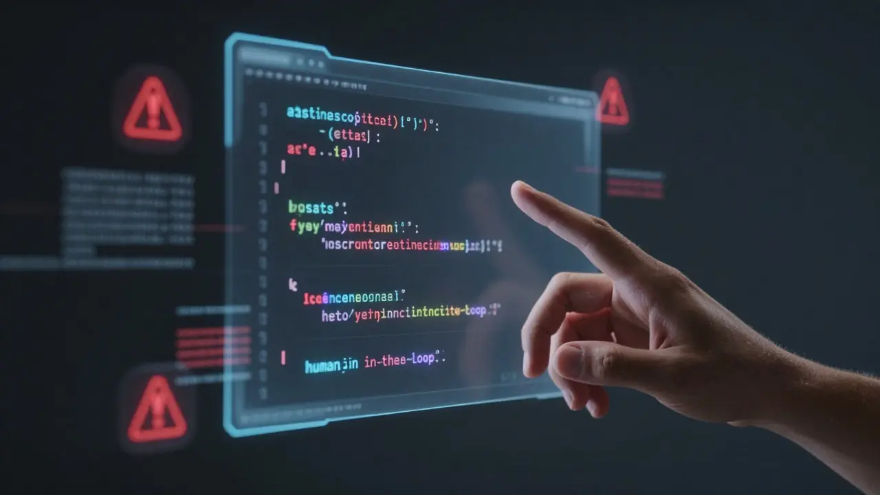 Hand interacting with holographic code showing AI debugging warnings