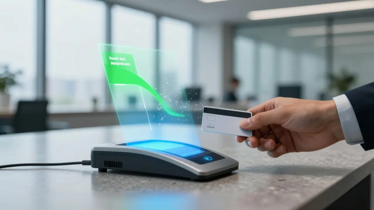 Hand using a biometric scanner with a holographic timeline showing data aging and deletion