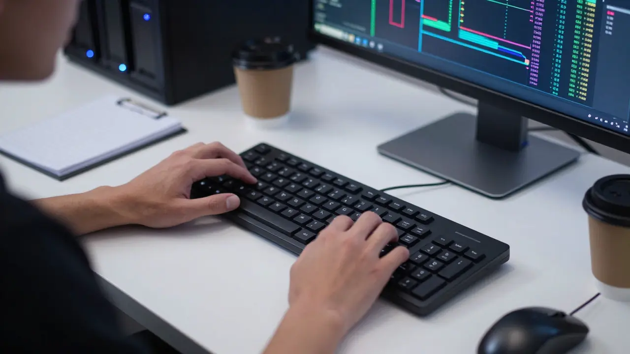 Hands typing on a keyboard in a tech lab with abstract data reflections