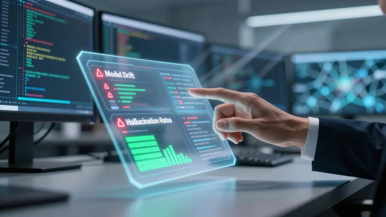 Holographic dashboard showing AI model drift and security metrics