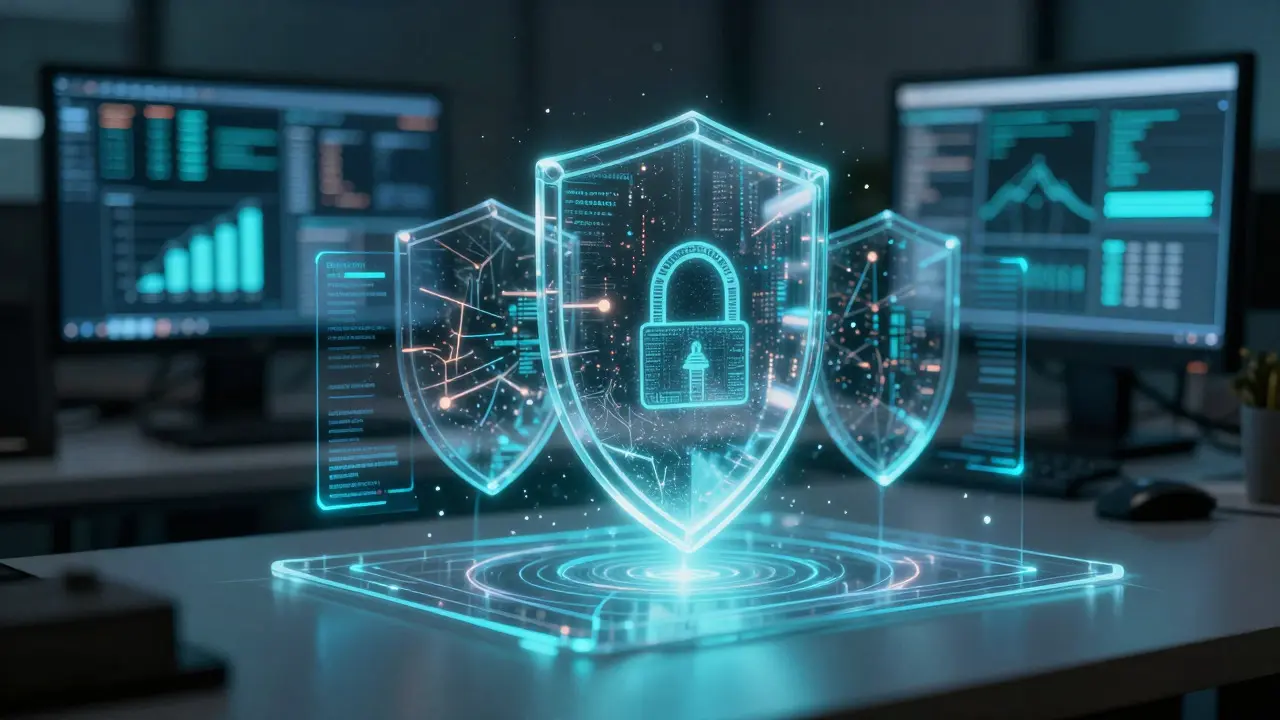 Holographic glass shields protect a digital core from chaotic attack vectors on a desk.