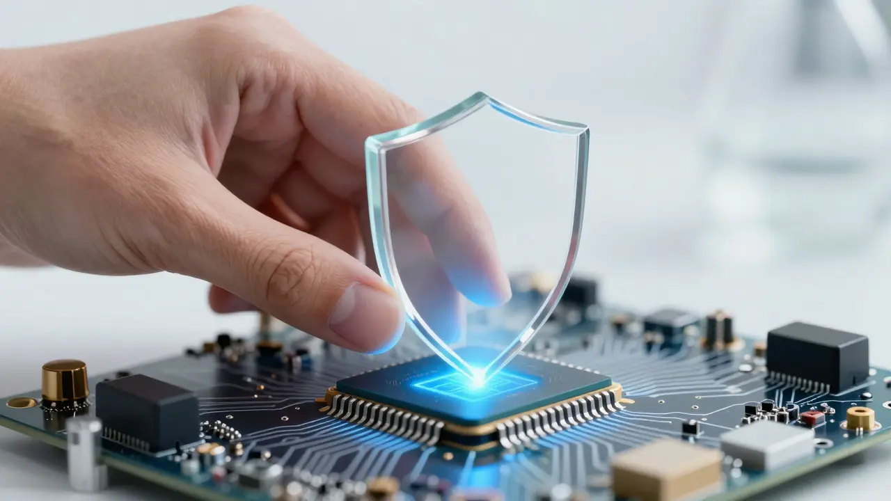 Human hand placing a protective glass shield over a glowing AI microchip