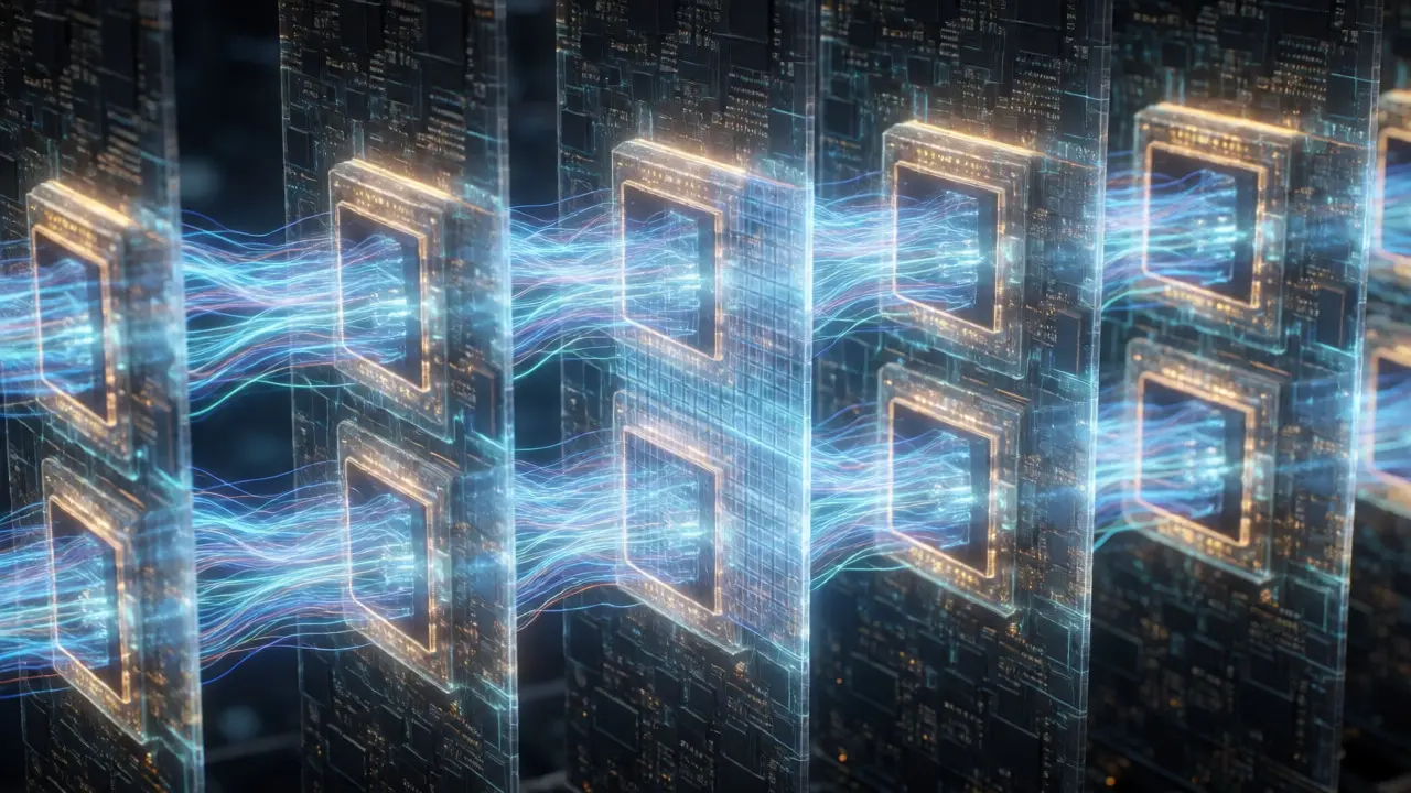 Macro view of GPU circuits slicing matrices with glowing data streams