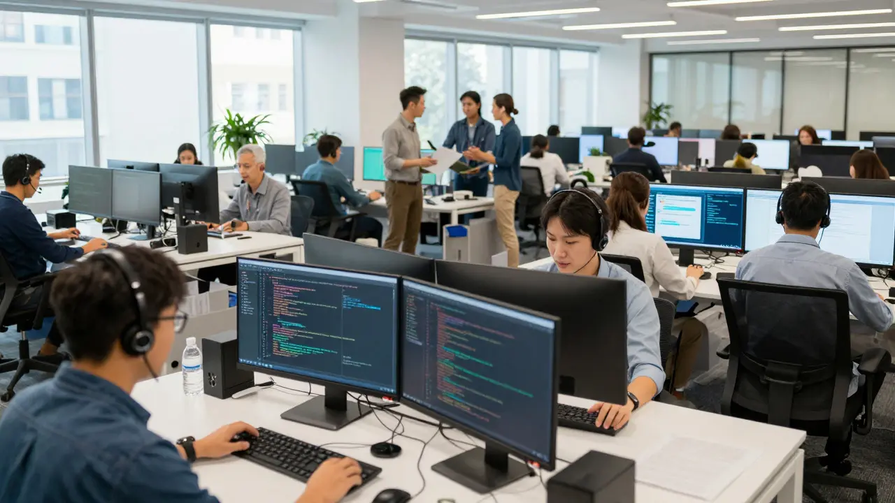 Office workers using AI-integrated tools in a busy, collaborative workspace