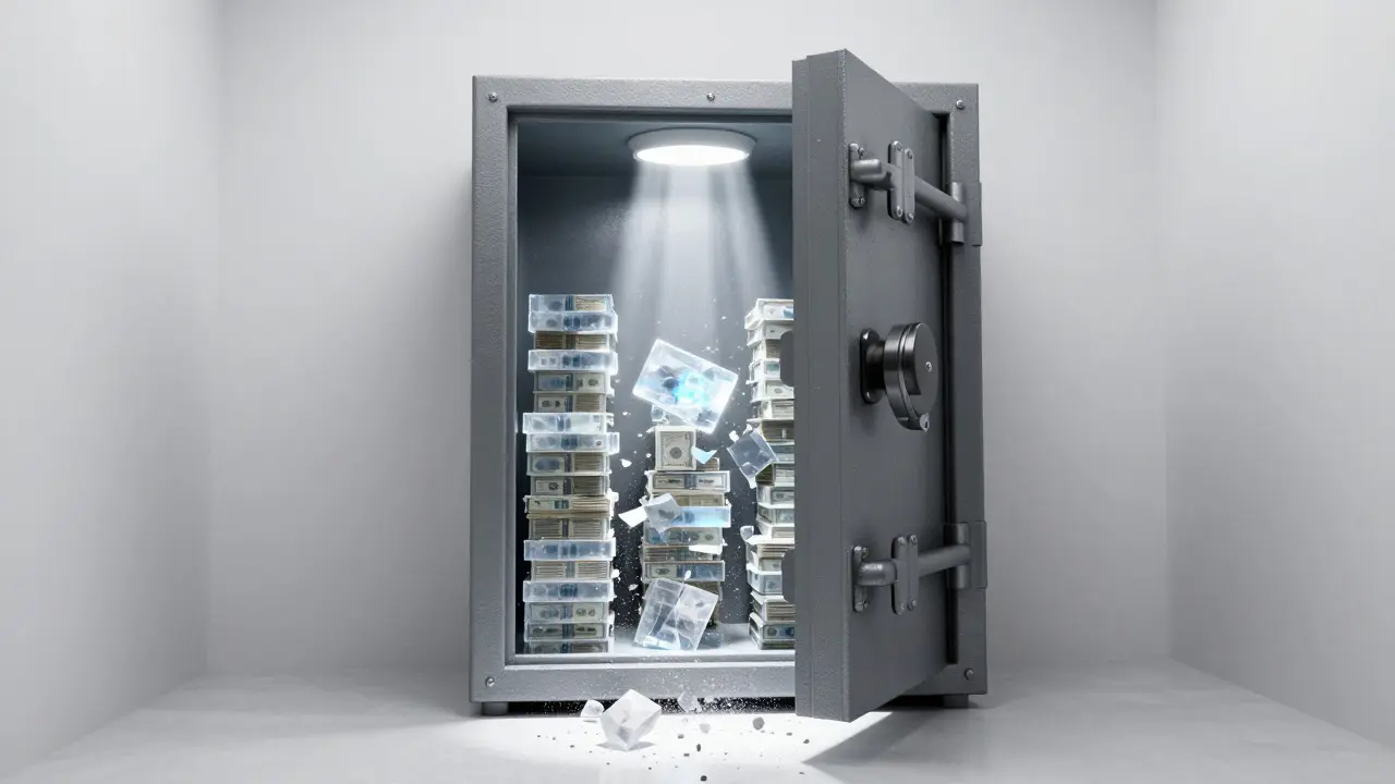 Open safe containing crystalline data blocks, some shattering into dust, symbolizing secure deletion