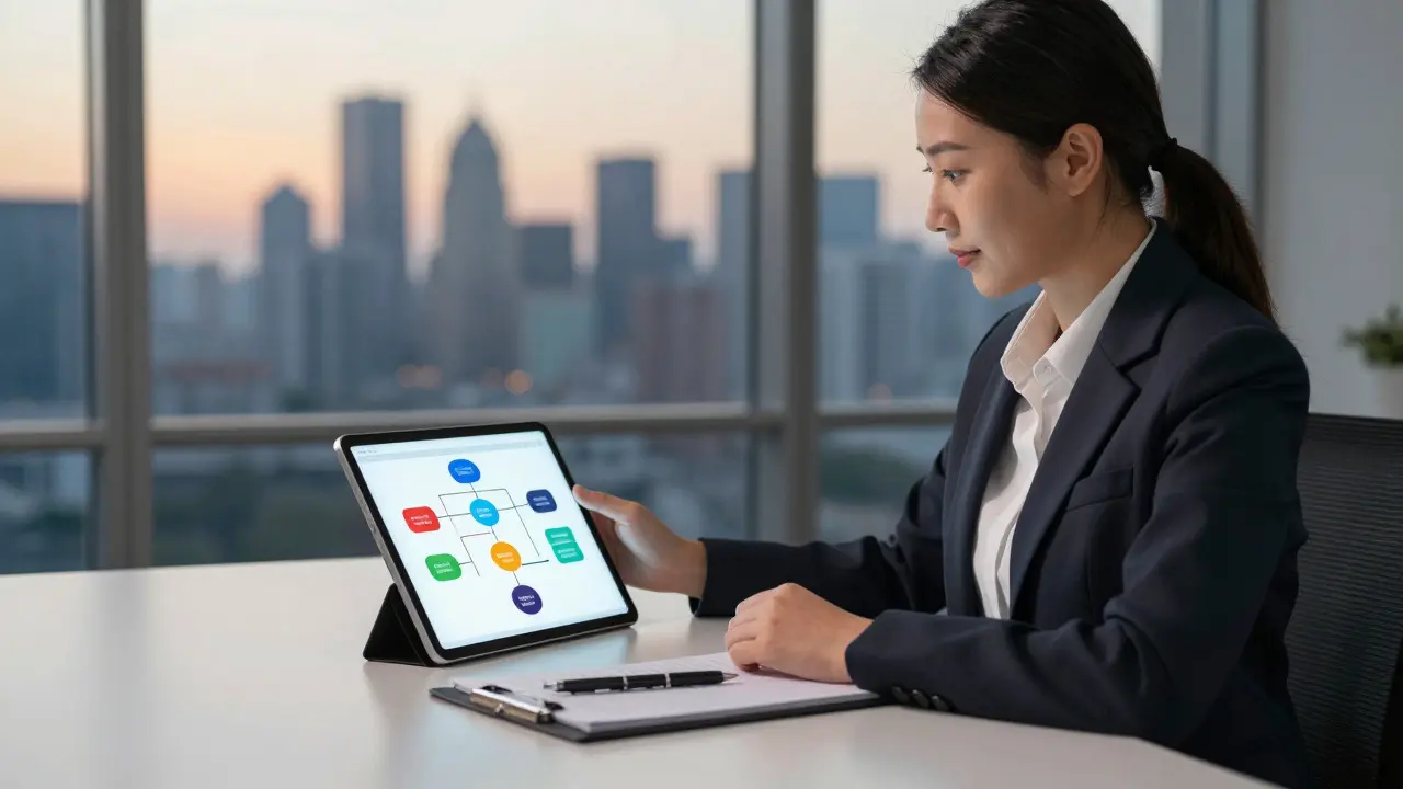 Privacy officer reviewing data map on tablet at desk