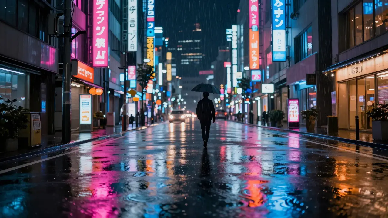 Rainy neon-lit Tokyo street at night with visual audio ripples