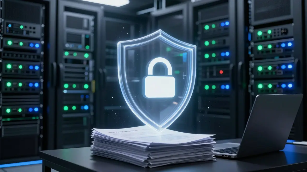Secure server room with glowing shield symbolizing on-premise data privacy
